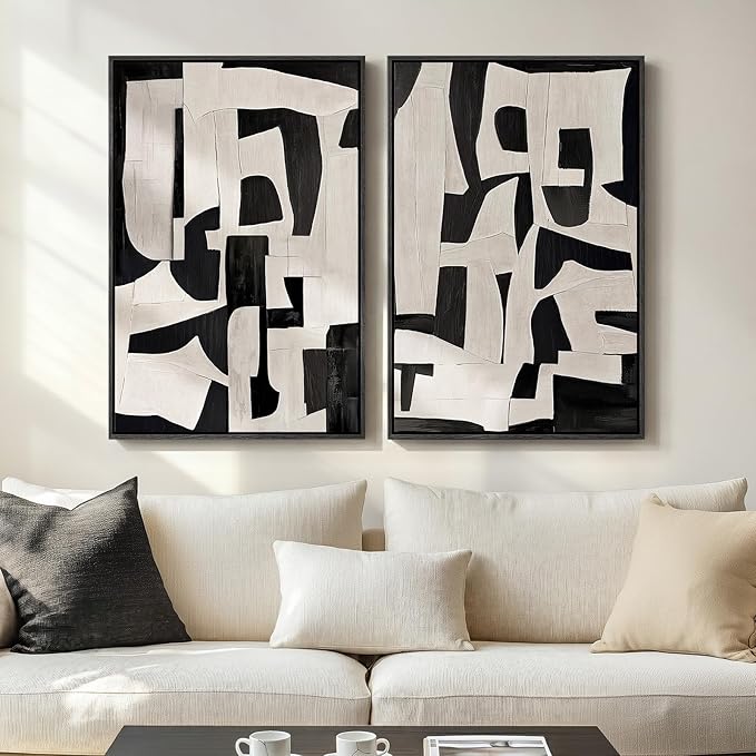 Large Framed Black and White Abstract Wall Art for Living Room, 2 Piece Modern Canvas Prints Paintings Artwork for Walls, Minimalist Black Beige Pictures for Hallway Dining Bedroom Wall Decor 24x36 In by Cuspin