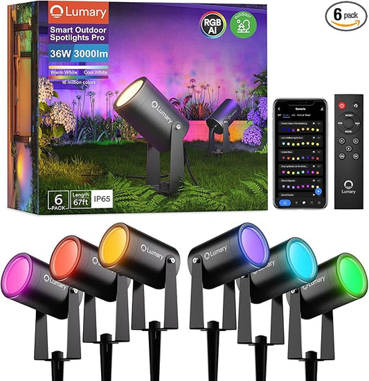 Lumary Smart Landscape Lights Pro 500LM, 6 Pack Color Changing Landscape Spotlights IP65 Waterproof, RGBAICW Low Voltage Outdoor Lights for Garden Yard and Pathway, APP/Remote/Voice Control, 65FT | RGBAICW Color Changing, IP65 Outdoor Rated, 2200K-6500... by Lumary