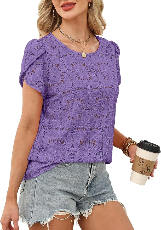 OFEEFAN Blouses for Women Dressy Casual Petal Short Sleeve Shirts Crochet Lace Boho Tops Spring Fashion Summer Outfits - Image 4