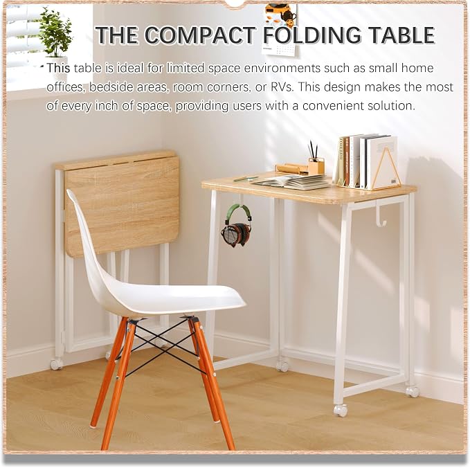 4NM 23.6" Mobile Small Folding Desk, Foldable Rolling Computer Home Office Desk, Study Writing Table for Small Space Saving Bedroom, with Wheels - Natural and White - Image 3