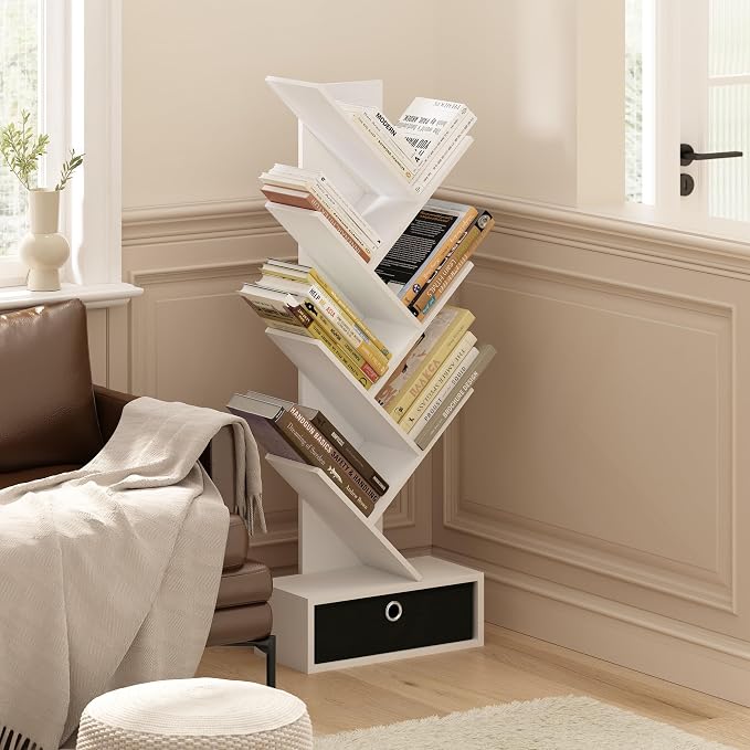 Furinno Tree Book Shelf, 7-Tier Bookshelf, Tree Bookcase with Bin Drawer, 8.4 x 16.9 x 46.2, for Living Room, Bedroom, Home Office, White/Black - Image 2