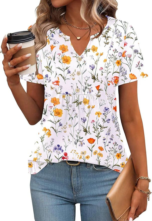 Zeagoo Womens Short Sleeve Tops Summer Henley V-Neck Tshirts Casual Pleated Blouse Dressy Loose Floral Basic Tee by Zeagoo