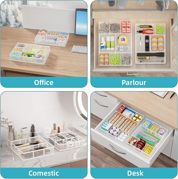 Marbrasse 2 Pack Desk Drawer Organizer, Mesh Drawer Organizer Tray with 8 Adjustable Compartments, Desk Organizers and Accessories, 5 Dividers for Office Supplies, Makeup & Vanity (White) - Image 3