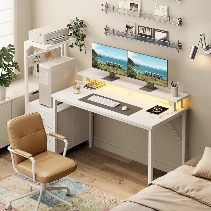 AODK 59 Inch Gaming Desk with USB Charging Ports & LED Light- Reversible Computer Desk with Storage Shelves & Monitor Stand, Modern Gamer Desk Table with Fabric Drawers, White - Image 2