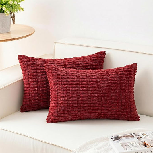 Aegero Pack of 2 Corduroy Decorative Throw Pillow Covers 12x20 Inch Soft Striped Pillow Covers Modern Farmhouse Home Decor for Sofa Living Room Couch Bed（Wine Red） by Unknown