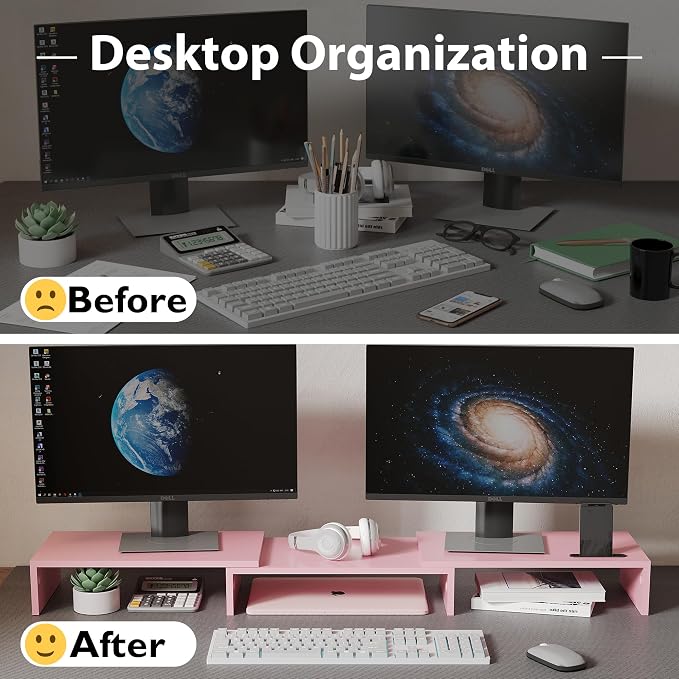 BONTEC Dual Monitor Stand Riser with Smartphone Holder, Adjustable Length & Swivel Angle, Ergonomic Wooden Desktop Organizer for PC Monitor, Laptop, Printer, Large Storage, 42.5 in, Pink - Image 2