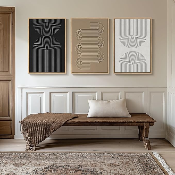 Large 3D Textured Framed Boho Neutral Abstract Wall Art, Set of 3 Modern Paintings Artwork for Walls, Black White Brown Minimalist Geometric Pictures for Living Room, Entryway, Dining Room Wall Decor - Image 5