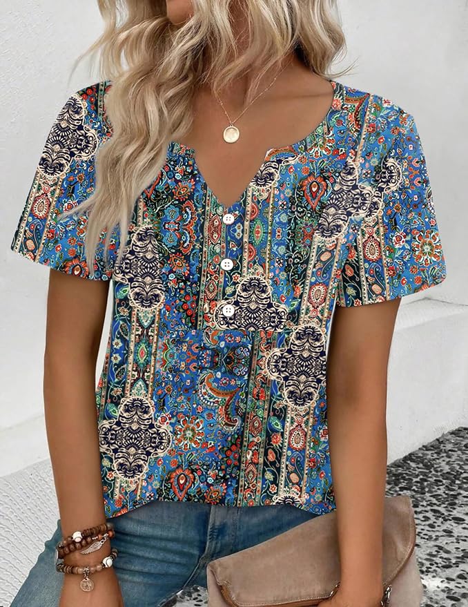 Zeagoo Womens Short Sleeve Tops Summer Henley V-Neck Tshirts Casual Pleated Blouse Dressy Loose Floral Basic Tee - Image 3