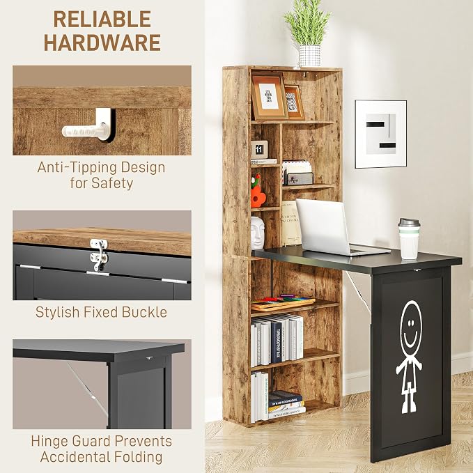 HOMCOM Foldable Desk Wall Mounted Convertible Table, Rustic Brown | Wall Mounted, Space-Saving, Chalkboard, Storage Shelves, for Small Spaces, Home Office, Bedroom, Dorm, Apartment - Image 7