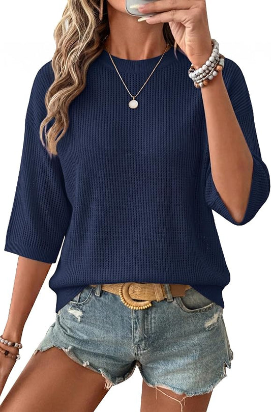 Arach&Cloz Womens Summer 100% Cotton Oversized Crochet Tops 3/4 Length Sleeve Sweater Hollow Out Casual Blouses 2026 by ArachClozFocusonQuality