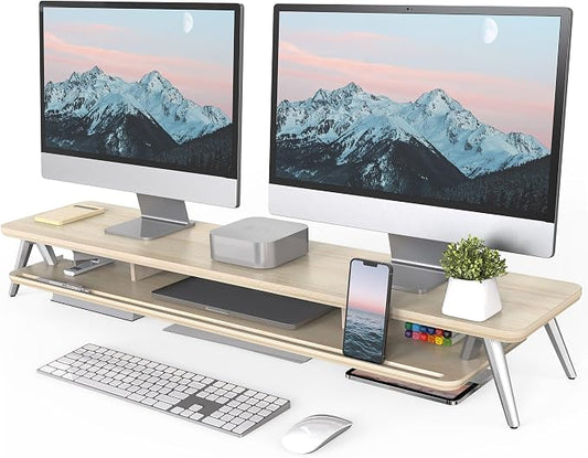 Fenge Dual Monitor Stand, Monitor Stands Riser for 2 monitors, 42.5 Inch Wood Desk Shelf with Storage Organizer and Cable Management for Office Desk Accessories by Fenge