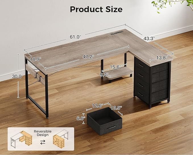 AODK 61" L Shaped Gaming Desk with 4 Drawers and Power Outlets, Grey | USB Ports, PC Tower Stand, Hooks, Reversible Corner Layout for Gaming Rooms, Bedrooms and Home Office - Image 3