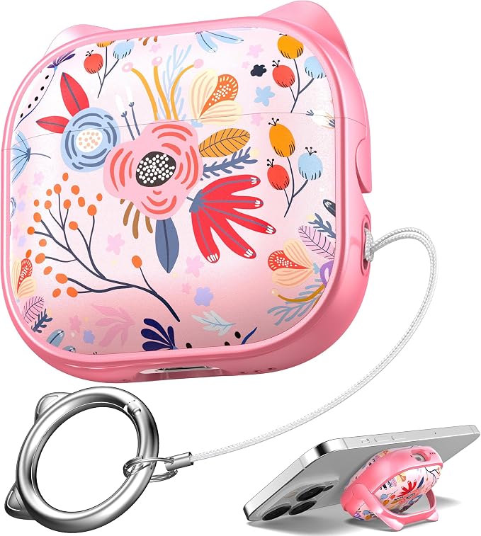 for AirPods 4 Case with Cleaning Kit, Cute Cat Ear Print Design & Cute Buckle, Inverted Phone Holder Design, Top Safe Lock Buckle Design, for Girls AirPods 4 case 2024, Pink Flower by MHYALUDO