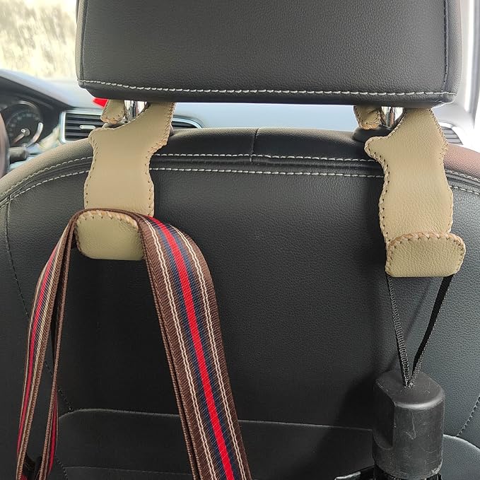 yicheyiyou Car Hooks Universal Car Vehicle Back Seat Headrest Hanger Holder Hook Microfiber Leather & Stainless Steel for Bag Purse Cloth Drink Grocery (Beige) - Image 2