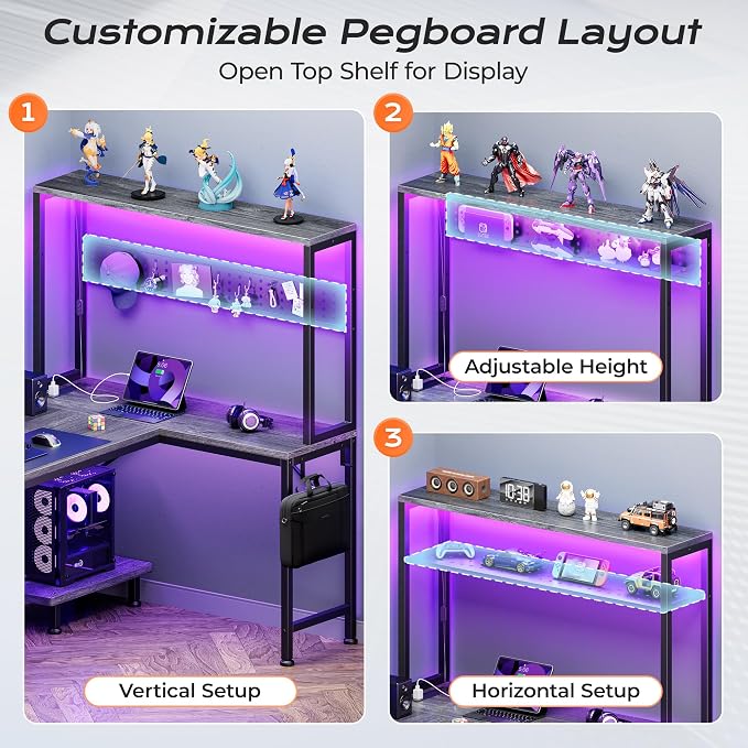 PRAISUN L Shaped Gaming Desk with LED Lights & Power Outlets, Reversible Computer Desk with Storage Shelves & Bag, Large Corner Home Office Desk with Pegboard for Work from Home, Grey - Image 8