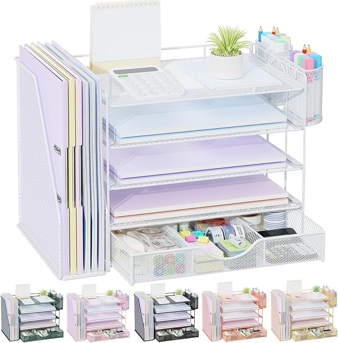 gianotter 5-Tier Desk Organizer with Drawers and File Holders | Letter Trays and Pen Holders - Workspace Accessories for Office Supplies (White) by gianotter