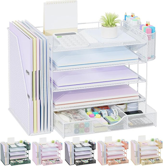 gianotter 5-Tier Desk Organizer with Drawers and File Holders | Letter Trays and Pen Holders - Workspace Accessories for Office Supplies (White) by gianotter