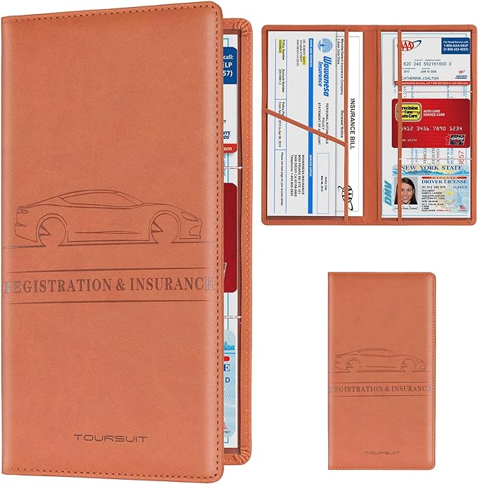TOURSUIT Car Registration & Insurance Card Holder, Brown | Vehicle License Document Organizer, Glove Box Compartment, Interior Car Accessories, For Women Men by TOURSUIT