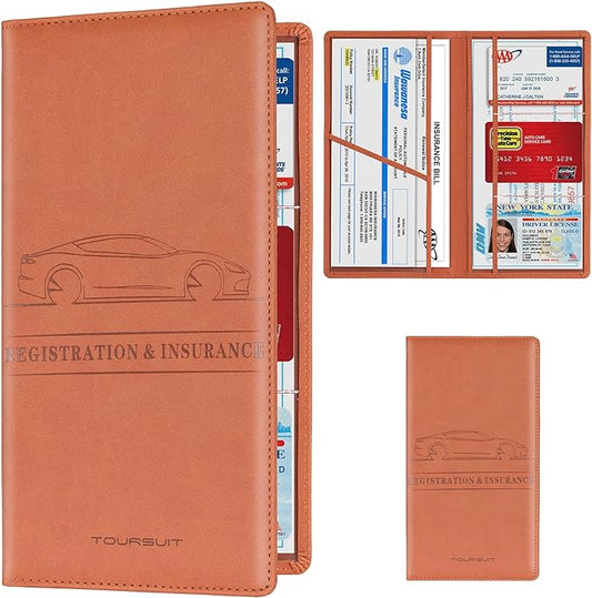 TOURSUIT Car Registration & Insurance Card Holder, Brown | Vehicle License Document Organizer, Glove Box Compartment, Interior Car Accessories, For Women Men by TOURSUIT