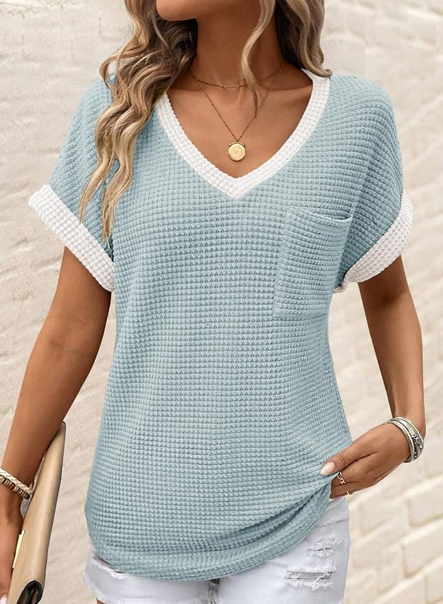 Dokotoo Womens Waffle Knit Tops 2026 Spring Summer V Neck Shirts Casual Trendy Women's Blouses Basic Tee - Image 2