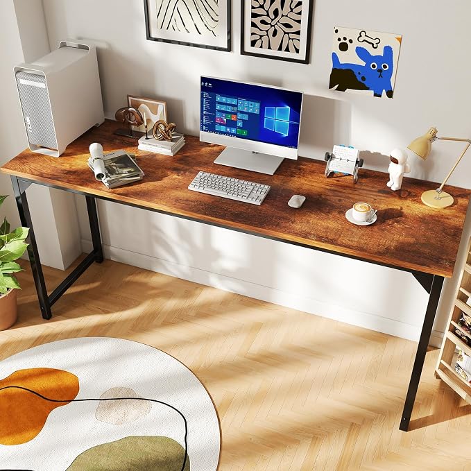 DUMOS 63 Inch Small Computer Desk, Gaming Desks for Home Office Bedroom | Modern Study Writing Work Table, Craft PC Desk Simple Workstation with Reinforcement Structure, Rustic Brown - Image 2