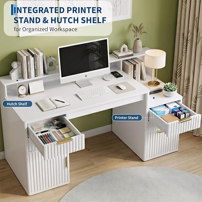 IDEALHOUSE Rectangular Computer Desk with Hutch & Printer Stand, Ripple Door Storage Home Office Desk, Space-Saving Study Writing Desk for Bedroom, Sturdy Board Student Desk with Easy Assembly - Image 4