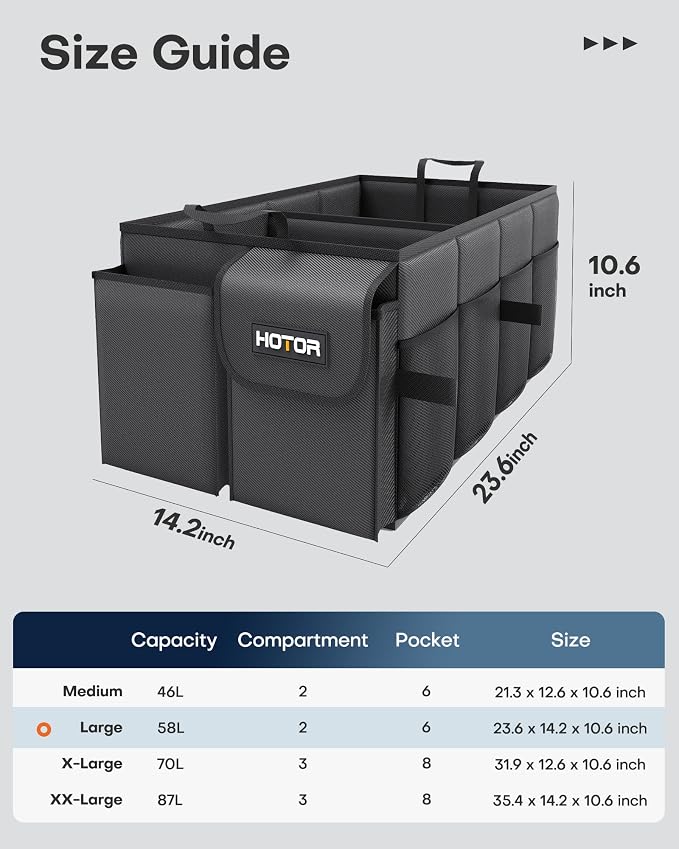 HOTOR Foldable Trunk Organizer - SUVs & Sedans, Sturdy Car Organization With 2 Compartments, Black, 23.6"×14.2"×10.6" - Image 3
