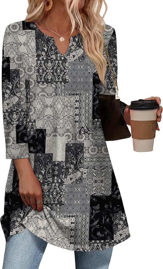OFEEFAN Summer Boho Tops For Women 3/4 Length Sleeve Womens Tops Vacation Outfits - Image 2
