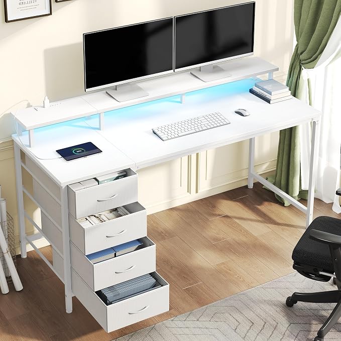 DUMOS 40-Inch Gaming Desk with Power Outlets and LED Lights, White | Computer Desk with 4 Storage Drawers, Home Office Desk with Monitor Stand, Small Desk for Bedroom Study - Image 2