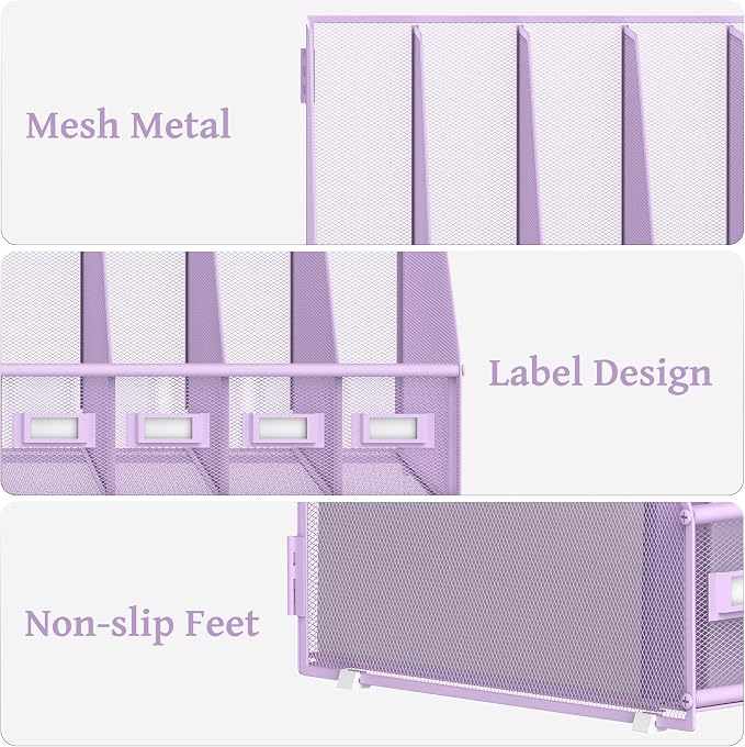 SUPEASY Desk Organizers Metal Desk Magazine File Holder with 5 Vertical Compartments Rack File Organizer for Office Desktop, Classroom, Home Workspace, Purple - Image 4