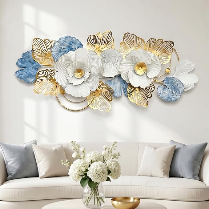 Axioglo 51" Large Wall Decor,3D Floral Metal Wall Art for Living Room | 51" x 22" metal wall decor with layered metal texture, mounting hardware, two-way display by Axioglo