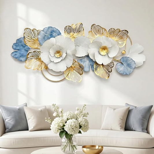 Axioglo 59" Large Wall Decor,3D Floral Metal Wall Art for Living Room | 59" x 27" metal wall decor with layered metal texture, mounting hardware, two-way display by Axioglo