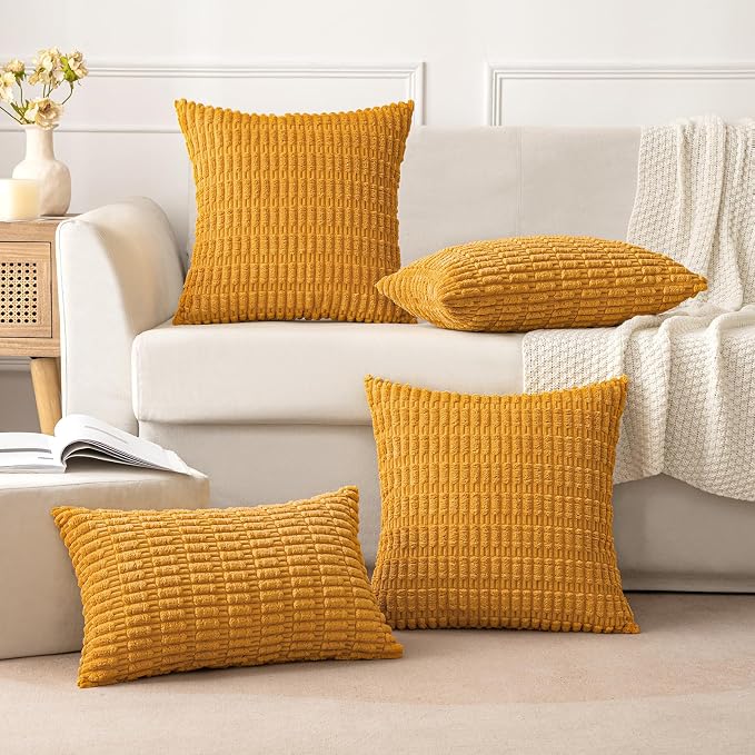 MIULEE Pack of 2 Corduroy Decorative Throw Pillow Covers 18x18 Inch Soft Boho Striped Pillow Covers Modern Farmhouse Home Decor for Summer Sofa Living Room Couch Bed Gold Yellow - Image 3