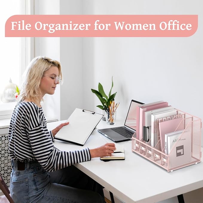 SUPEASY Desk Organizers Metal Desk Magazine File Holder with 5 Vertical Compartments Rack File Organizer for Office Desktop, Classroom, Home Workspace, Pink - Image 7