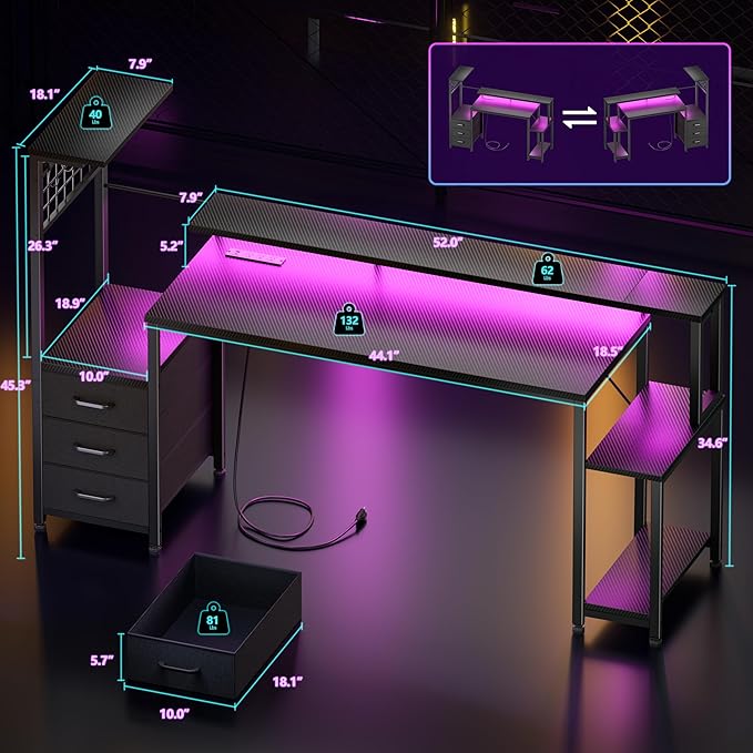 Korfile 63 Inch Gaming Desk with Bluetooth LED Lights & Power Outlets,Computer Desk with Fabric Drawers & Hooks,Reversible Gamer Table with Monitor Stand for Game Room,Home Office,Carbon Fiber Black | Reversible，Computer Desk, Gamer Table, Bluetooth LE... - Image 3