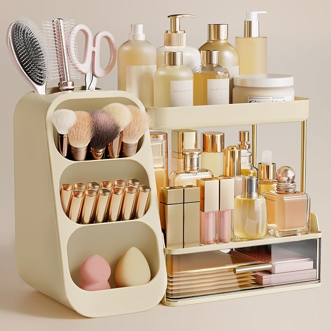 HBlife Bathroom Organizers and Storage with Brush Holder for Vanity, 3 Tier Plastic Makeup Organizer for Dresser Counter, Skincare, Lipstick, Perfume, and Cosmetic Storage, Beige by HBlife