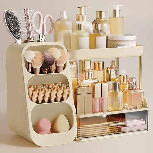 HBlife Bathroom Organizers and Storage with Brush Holder for Vanity, 3 Tier Plastic Makeup Organizer for Dresser Counter, Skincare, Lipstick, Perfume, and Cosmetic Storage, Beige by HBlife