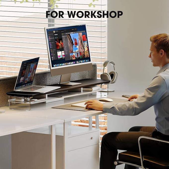 Fenge 42.5" Dual Monitor Stand with Clear Acrylic Legs, Black | Clear acrylic, storage compartment, 2-tier home office monitor riser, wide large desktop shelf fit monitor/laptop/printer - Image 2