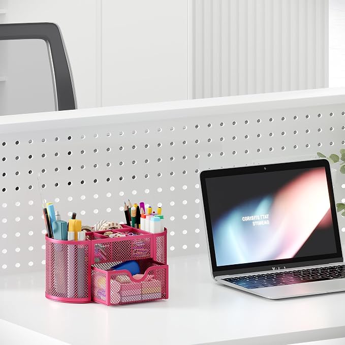 EasyPAG Mesh Pen Holder Desk Organizer with Drawer Stationery Supplies Organizer for Dorm School 9 Compartments Workspace Desk Accessories Organization for Office, Hot Pink - Image 6