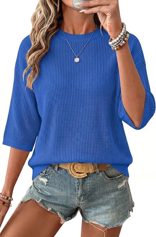 Arach&Cloz Womens Summer 100% Cotton Oversized Crochet Tops 3/4 Length Sleeve Sweater Hollow Out Casual Blouses 2026 by ArachClozFocusonQuality