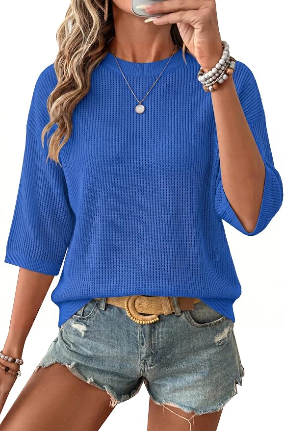 Arach&Cloz Womens Summer 100% Cotton Oversized Crochet Tops 3/4 Length Sleeve Sweater Hollow Out Casual Blouses 2026 by ArachClozFocusonQuality