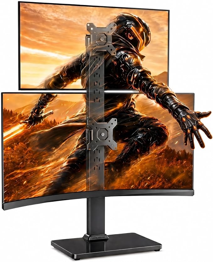 Perlegear Dual Vertical Monitor Stand for 13–40 inch Screens up to 44 lbs | Heavy-duty steel, swivel, tool-free tilt, 360° rotation, 13 height settings, cable management, max VESA 100x100mm, office use by Perlegear