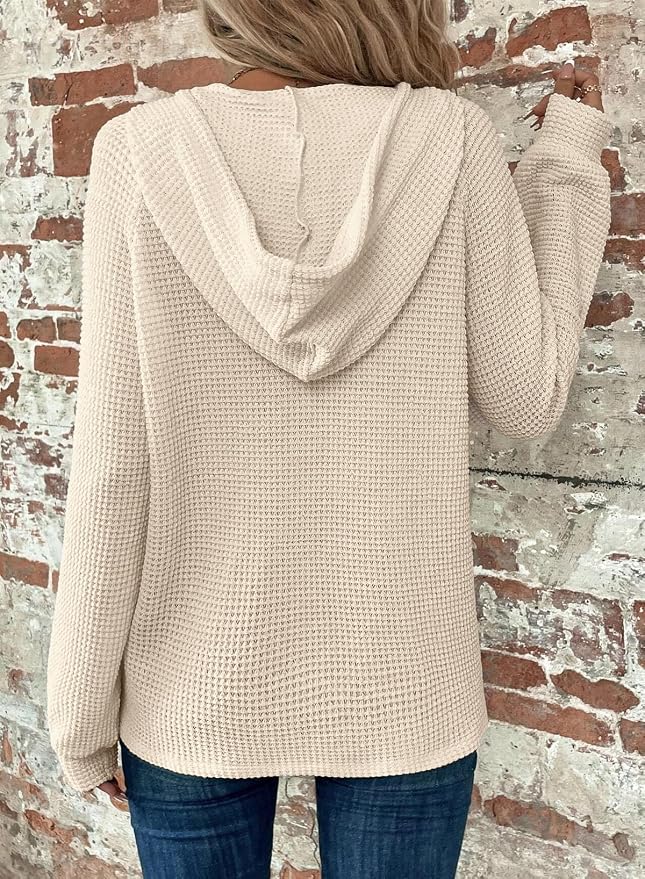 Dokotoo Hoodies for Women Waffle Knit Long Sleeve Drawstring Button V Neck Casual Sweatshirt Hooded Tops Fashion Clothing - Image 2