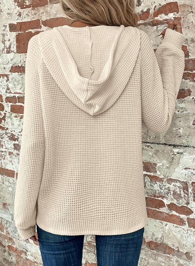 Dokotoo Hoodies for Women Waffle Knit Long Sleeve Drawstring Button V Neck Casual Sweatshirt Hooded Tops Fashion Clothing - Image 2