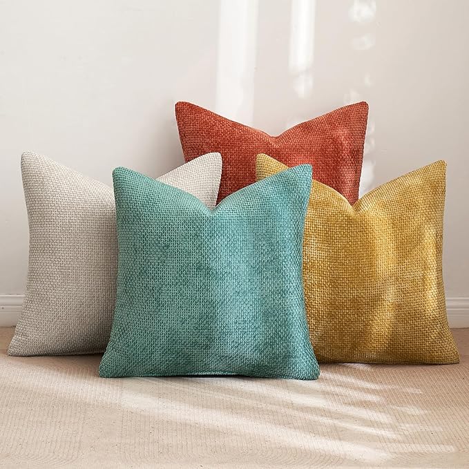 MIULEE Pack of 4 Couch Throw Pillow Covers 20x20 Inch Neutral Orange/Teal Soft Decorative Chenille Pillow Covers Farmhouse Accent Cushion Covers for Boho Fall Home Decor Sofa Bedroom Living Room - Image 4