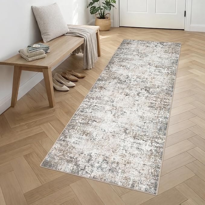 Washable Area Rug 3x10 Entryway Rug: Washable Modern Abstract Soft Thin Rug Indoor Floor No Slip Carpet for Bedroom Dining Room Farmhouse Nursery Home Office - Brown Grey - Image 3