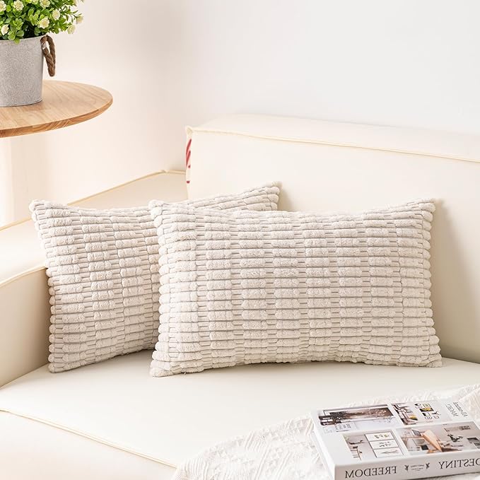 Aegero Pack of 2 Corduroy Decorative Throw Pillow Covers 12x24 Inch Soft Striped Pillow Covers Modern Farmhouse Home Decor for Sofa Living Room Couch Bed（Cream White） by Unknown