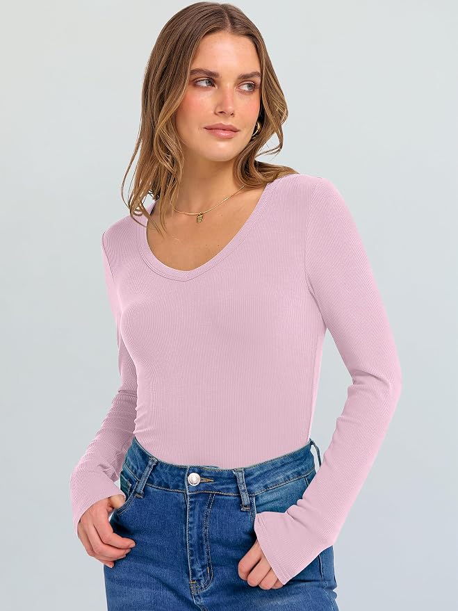 ANRABESS Long Sleeve V Neck Shirts for Women | Soft Comfy Ribbed Knit Fitted Tshirts, Casual Going Out Tops, 2026 Trendy Basic, Fall Winter Underscrub Layering Clothes - Image 3