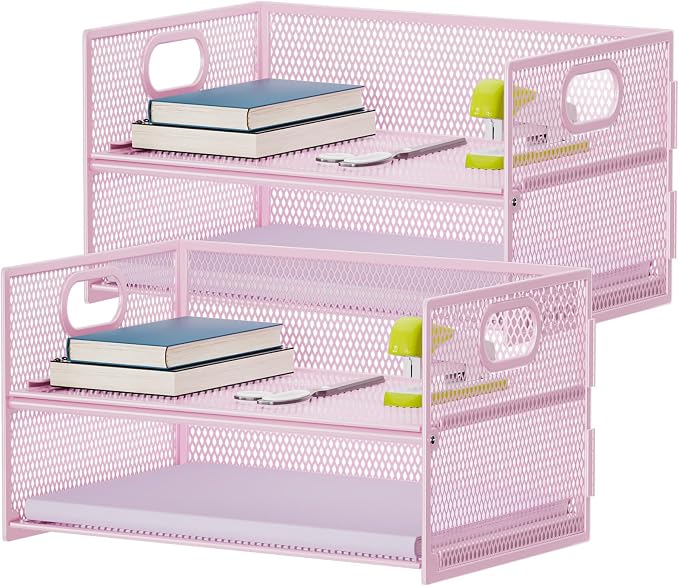 Marbrasse 2 Tier Paper Organizer Letter Tray, Mesh File Organizer with Handle, Paper Sorter Desk Organizer for Home Office Supplies - 2P Pink by Marbrasse