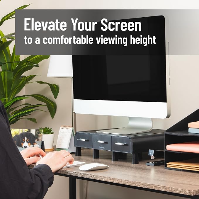 Mind Reader Monitor Stand, Laptop Riser, Desktop Organizer, Storage Drawer, Office, Plastic, 13.5"L x 13"W x 4"H, Black - Image 2